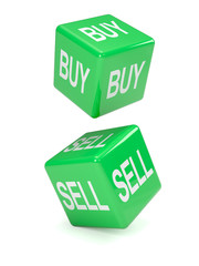Two green dice "Buy" and "Sell"