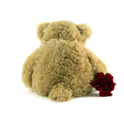 Teddy sitting with back facing holding red flower.
