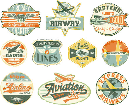 Aviation vector grunge vintage labels collection