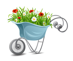 Gardening. Wheelbarrow with flowers