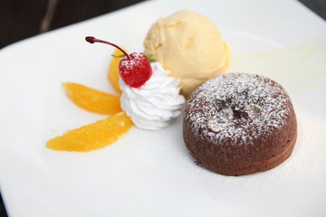 Chocolate Lava Cake with ice cream and fruit