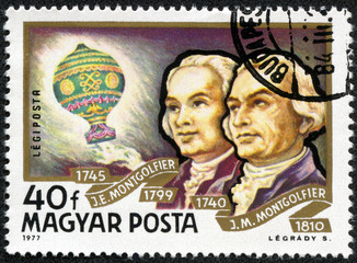 stamp shows Balloon Air and portraits of Montgolfier Brothers
