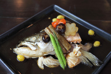 Japanese food bolied head fish with sauce