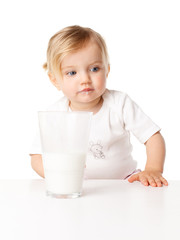 little girl drinks milk isolation is not a white background