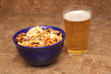 snack mix and beer