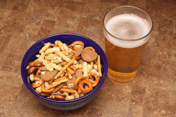 snack mix and beer