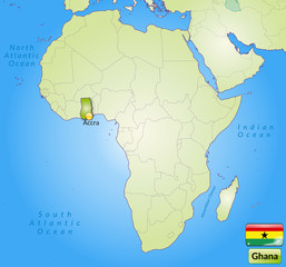 Übersichtskarte von Ghana mit Landesflagge