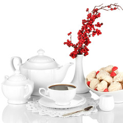 Beautiful white dinner service with an air meringues isolated
