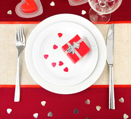 Table setting in honor of Valentine's Day close-up