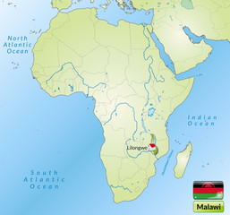 Übersichtskarte von Malawi mit Landesflagge