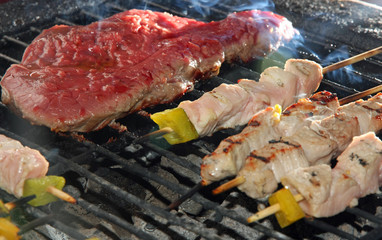 skewers of meat and beef fillet on the barbecue in the garden