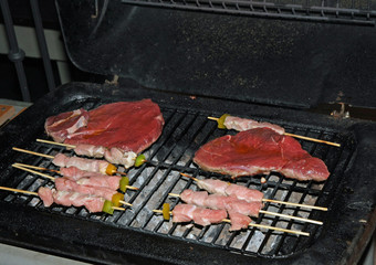 skewers of meat and beef fillet grilled on the barbecue in the g