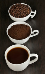 Different types of coffee in three cups on wooden table