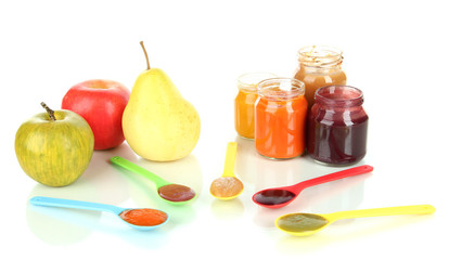 Baby puree with fruits isolated on white