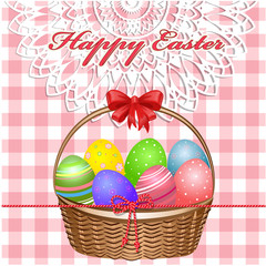 Easter basket with eggs on the tablecloth