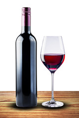 Wine Glass and bottle on wood table