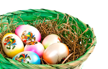 Easter eggs in a nest on a white background