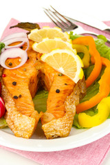 Appetizing grilled salmon with lemon and vegetables close up