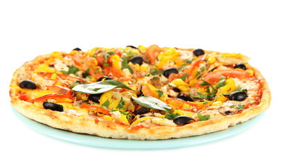 Tasty pizza with vegetables, chicken and olives isolated