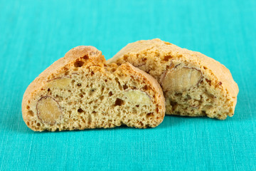 Aromatic cookies cantuccini on blue table