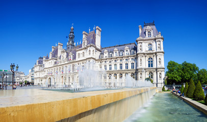 Panoramic photo of Paris City Hall (Hotel de ville) with fountai