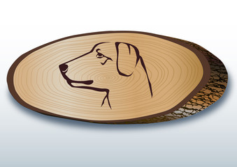 Elips şeklinde kesilmiş  ağaç üzerinde  av köpeği  başı