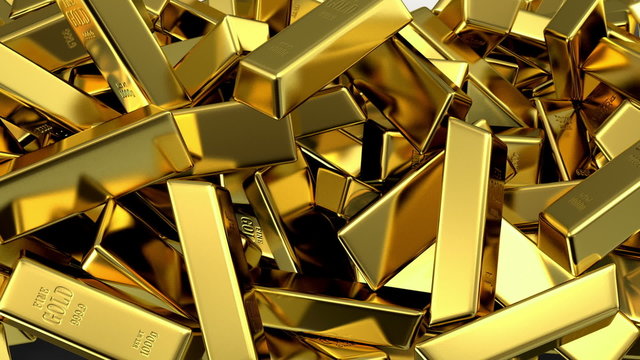 falling gold bars fills the screen, 3d animation