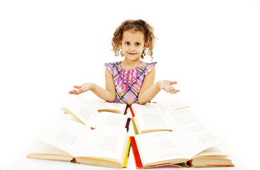 Little curly girl with open books on white background