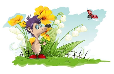 Abwaschbare Fototapete Marienkäfer Vektorkarte mit Blumen und kleiner Maus