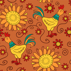 Fototapeta premium Cute seamless pattern with cocks and flowers