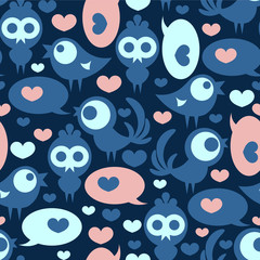 Seamless pattern with funny birds and hearts