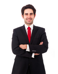 Portrait of a happy smiling young business man, isolated on whit