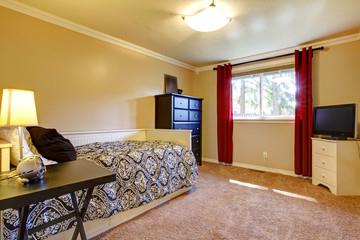 Bedroom interior with yellow walls and TV.