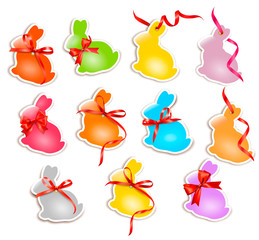Decorative easter rabbits. Easter cards with red bow and ribbons