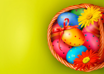 Easter background with Easter eggs and flowers with basket. Vect
