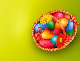 Easter background with Easter eggs and flowers with basket. Vect