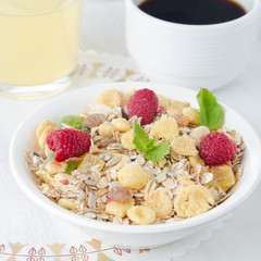 Cereal, coffee and juice for breakfast