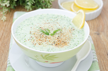 Obraz na płótnie Canvas cold soup with kefir and herbs horizontal selective focus