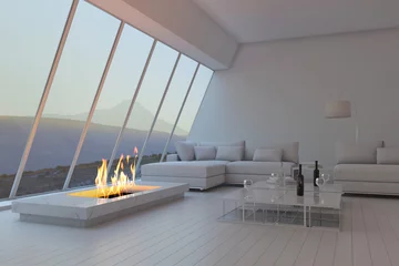 Gordijnen Awesome white 3D interior room with landscape view © XtravaganT