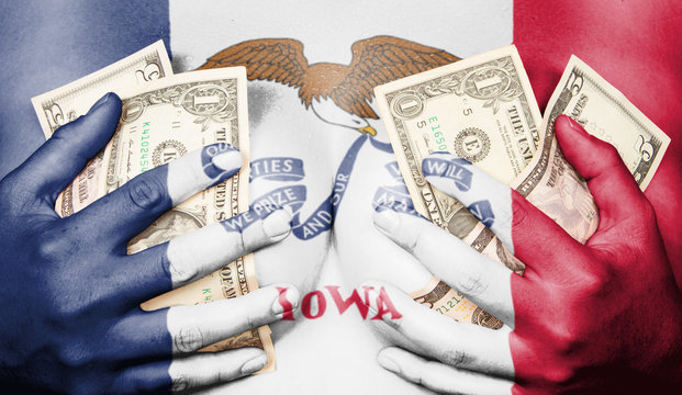Sweaty girl covered her breast with money, flag of Iowa