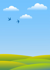 Obraz na płótnie Canvas Swallows fly in blue sky over green fields.