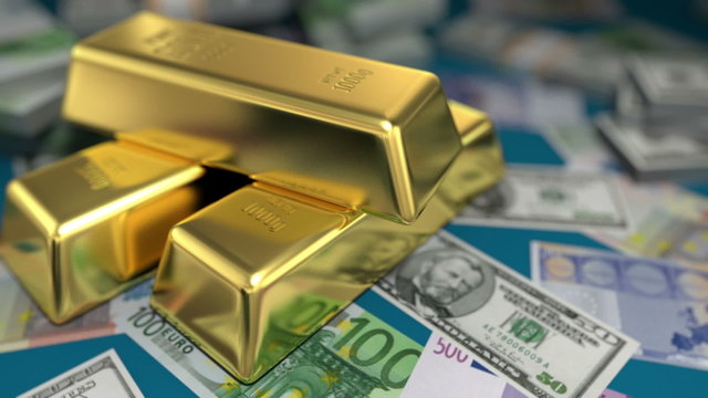 gold bars and money on a table, 3d animation
