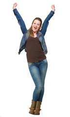 Happy Young Woman with Two Hands in the Air