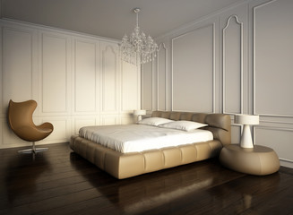 Luxury minimal white bedroom with vintage dark wood floor