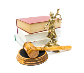 gavel, the statue of justice and books on white background