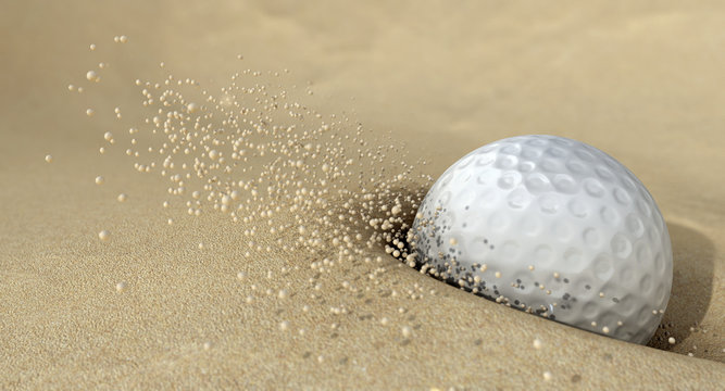 Golf Ball In Action Hitting Bunker Sand