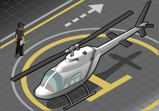 isometric white helicopter landed in front view