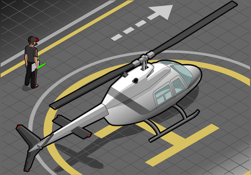 isometric white helicopter landed in rear view