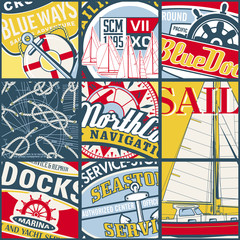 Vintage sailing stickers patchwork vector wallpaper