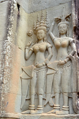 Stone carving of classical Khmer construction at Angkor Wat